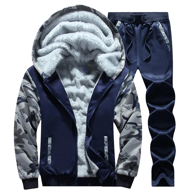 Men's autumn and winter sports set hooded casual cardigan jacket outdoor thickened warm sports shirt+pants two-piece set - SMSB 66
