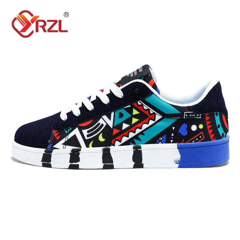 YRZL Men's Sports Running Shoes Canvas Geometric Style Lace-Up Sneakers Couples' Fashionable Graffiti Print Skate Shoes Men - SMSB 66