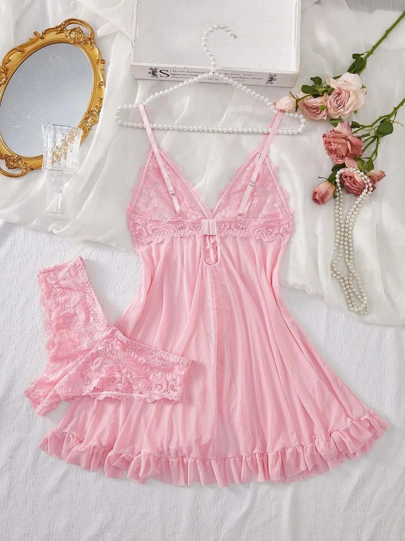 Sexy Lingerie Set Women Erotic Bra Nightdress Sexy Lace Sleepwear Solid Slim Soft Dresses V Neck Full Slip Sleepwear & Dresses - SMSB 66