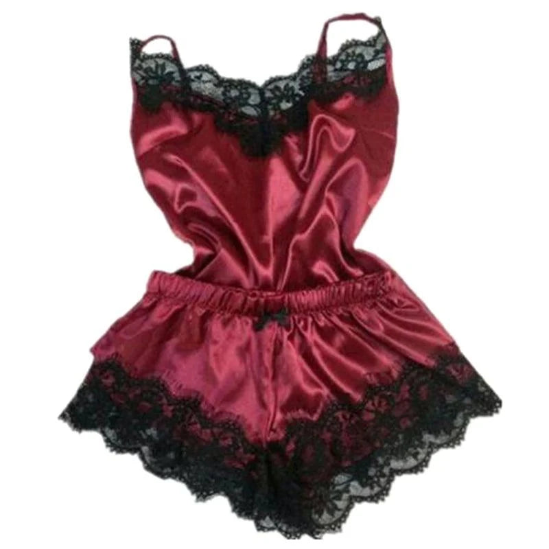 Fashion Nightwear Lace Trim Satin Cami Top Pajama Sets Sexy Hot Erotic Home Wear Women Pajamas Women Sleepwear Sleeveless Strap - SMSB 66