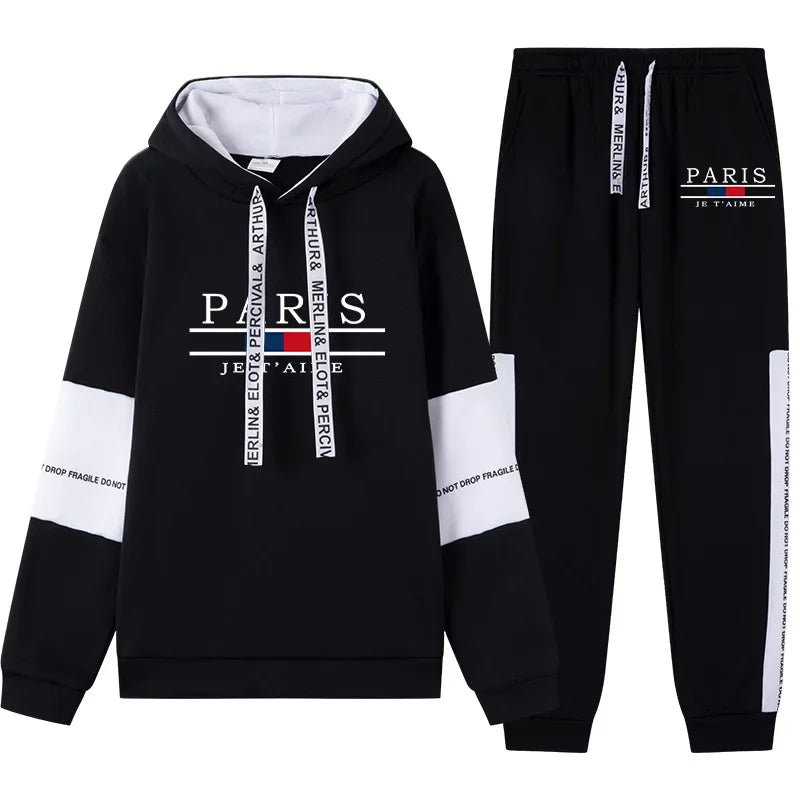 Autumn Winter Men Tracksuit Printing Casual Hooded Sweatshirt+Sweatpants 2 Piece Set Luxury Black White Daily Commuting Clothing - SMSB 66
