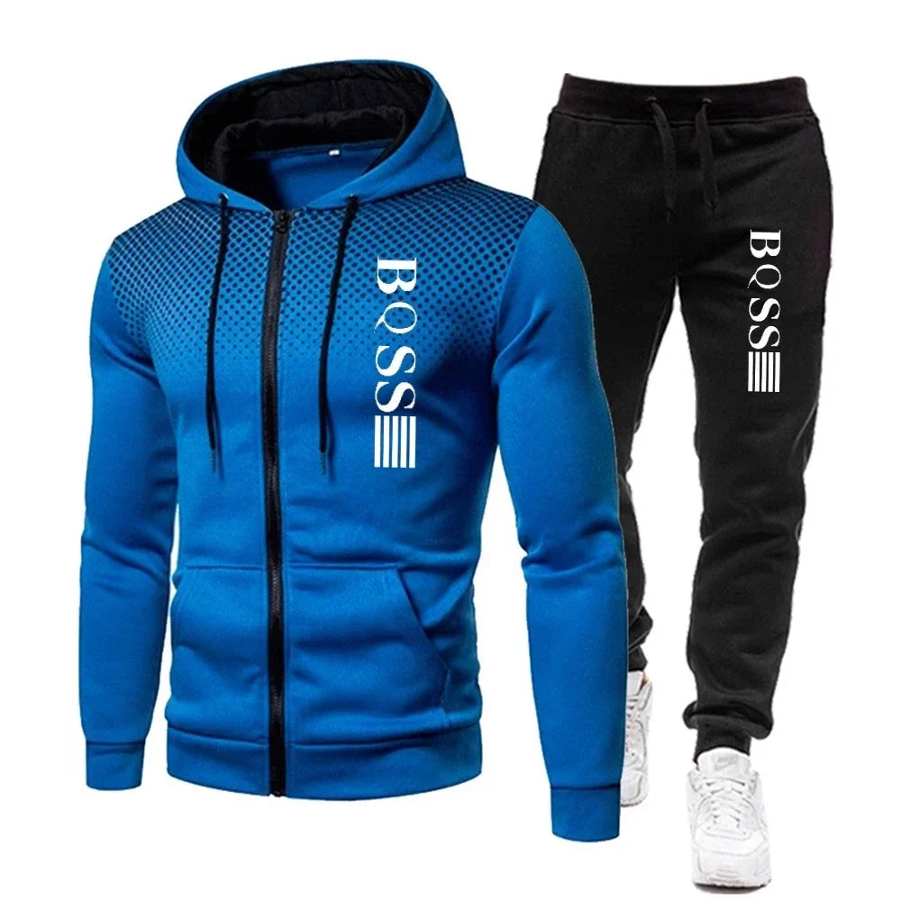 Fashion Print Tracksuit for Men Zipper Hooded Sweatshirt and Sweatpants Two Pieces Suits Male Casual Fitness Jogging Sports Sets - SMSB 66