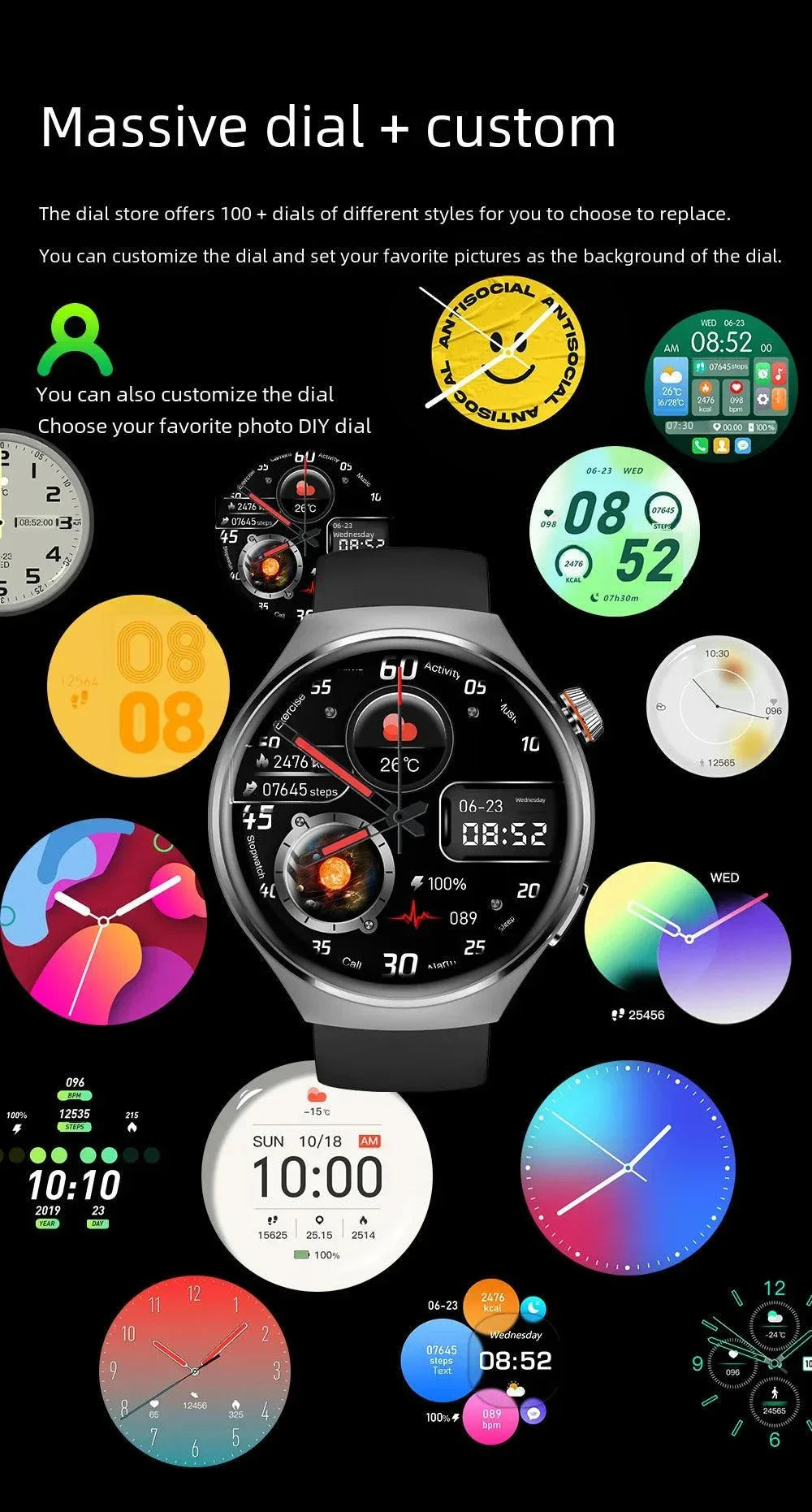 NFC Men's Smart Watch with 1.43-inch AMOLED screen, customizable dial, heart rate monitor, Bluetooth call, and fitness tracking features.