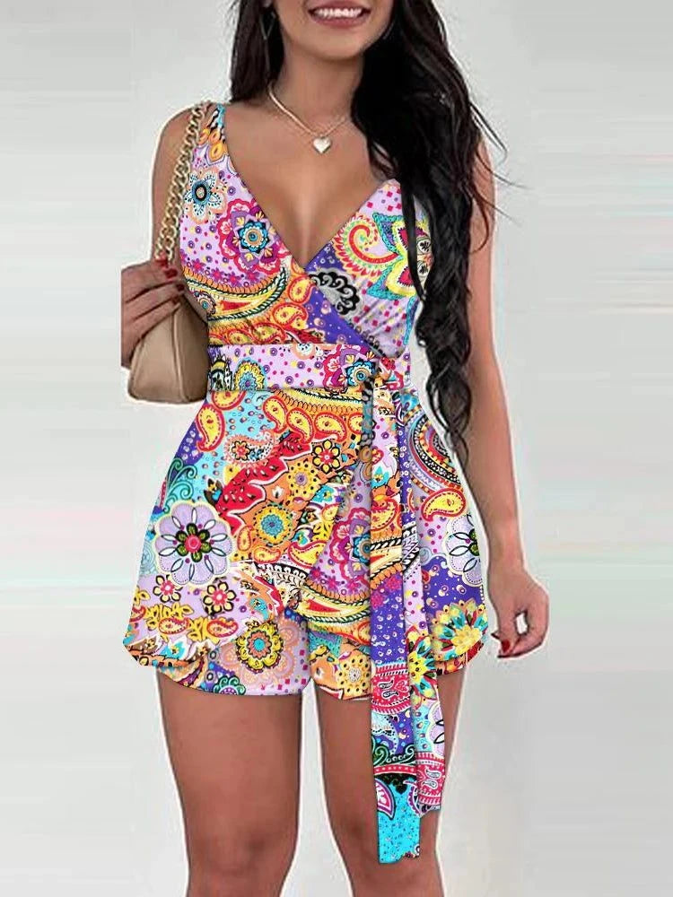 2024 Spring Summer Fashion Floral Slim Casual Two Piece Sets Elegant Women Sexy V-neck Sleeveless Wrap Lace Up Top & Shorts Set - SMSB 66