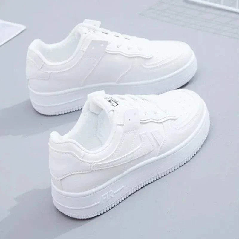 White breathable spring/autumn fashion women's casual sports shoes with thick rubber sole and lace-up closure