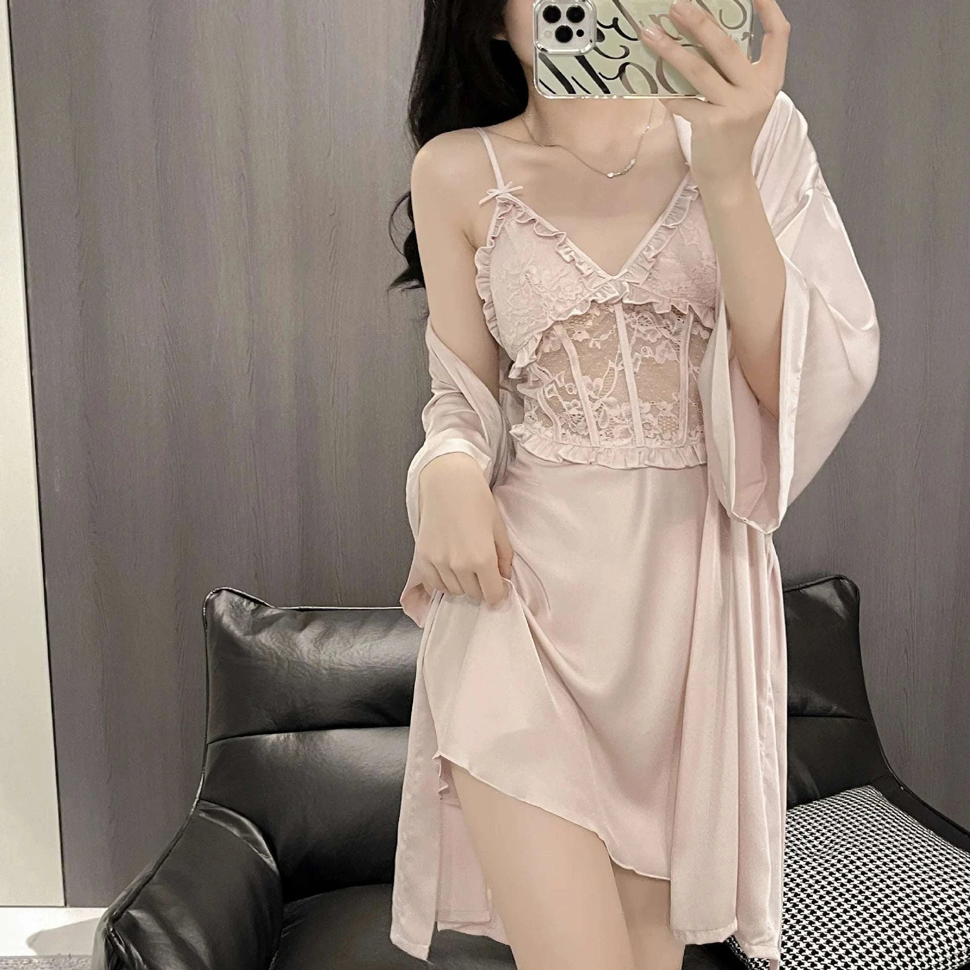 Sexy Sleepwear Women Night Dress Robe Sets Summer Deep V Satin with Chest Pads Lace Dress Home Wear Suits - SMSB 66