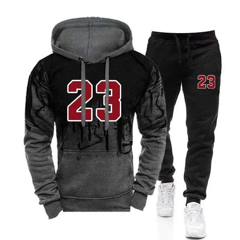 Men's casual hoodies jogging sweatshirts set with number 23, polyester sportswear for autumn winter