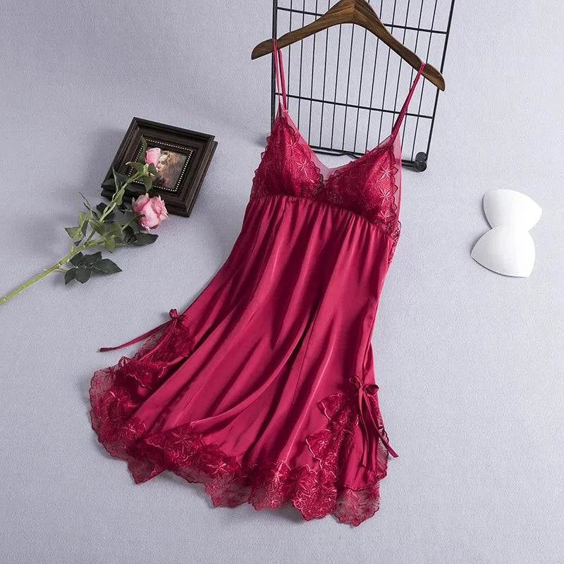 Summer Sexy Strap Nightdress Women Chemise Nightgown Lace Bathrobe Sleepwear Dressing Gown Lingerie Satin Dress Loungewear - SMSB 66