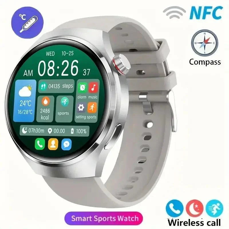 NFC men's smart watch with 1.43-inch AMOLED screen, heart rate and sports tracking, Bluetooth call, compass, and fitness features