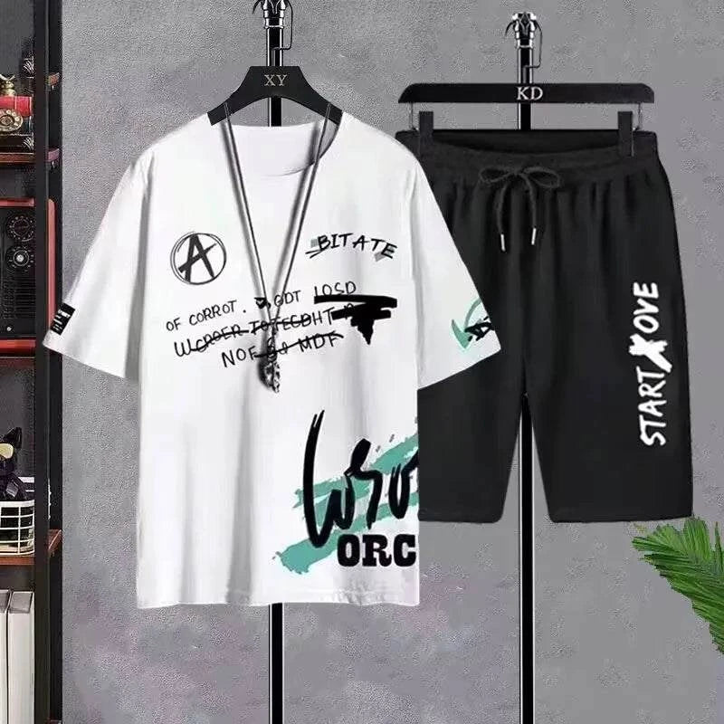 Summer Set for Men Clothes Casual Short Sleeve T Shirt+Short Sets 2 Piece Sets Men Y2K Tracksuits Oversized O-Neck Print T-shirt - SMSB 66