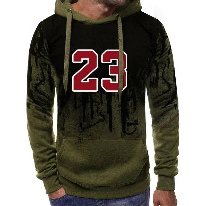 Men's casual hoodies jogging sweatshirt with 23 print in green and black polyester for autumn winter sportswear