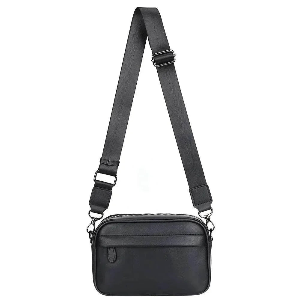 Black PU leather men's business shoulder bag with adjustable strap and zipper closure