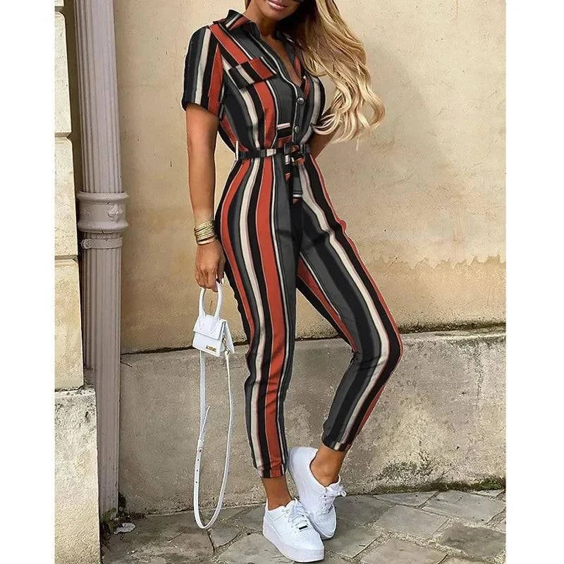 Women's Monochromatic Belt Workwear Jumpsuit, Casual Pants, Flip Collar, Buckle, European and American, Summer, 2024 - SMSB 66
