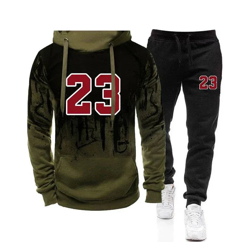 Men's casual hoodies jogging sweatshirts set with number 23 print, polyester, autumn winter sportswear