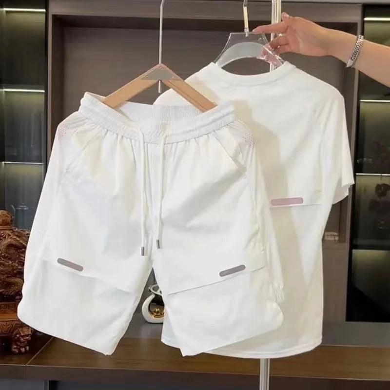 2024 Summer New Men's Breathable Perforated Ice Silk Short Sleeve Shorts Set Loose Quick Drying Sports and Leisure Two Piece Set - SMSB 66