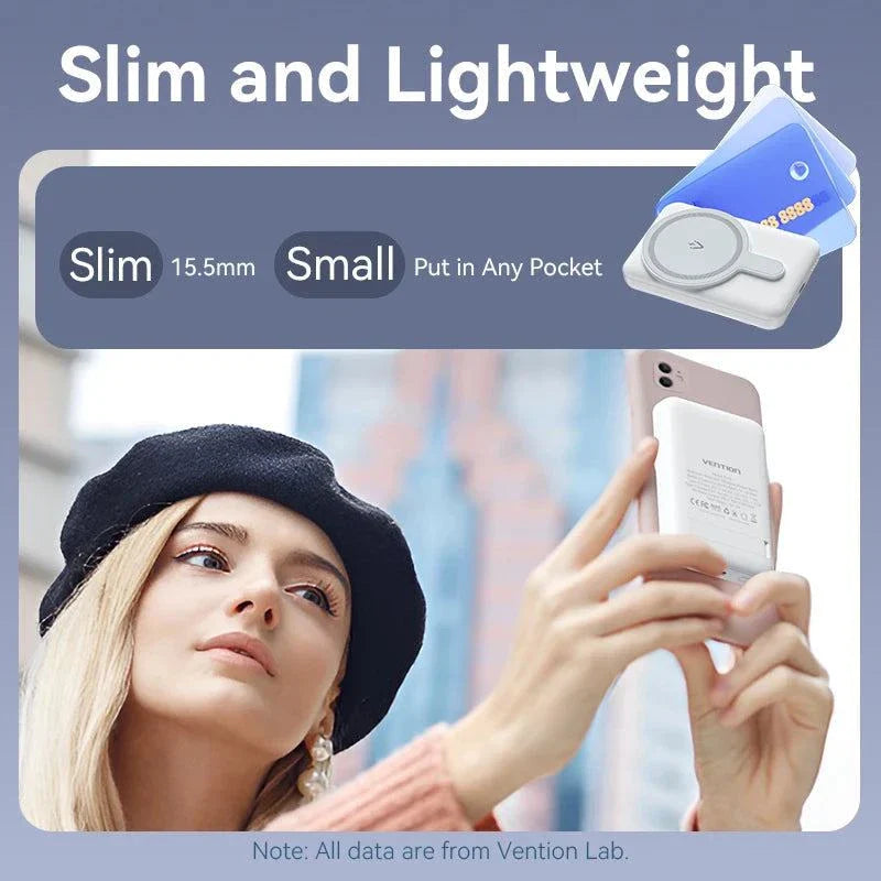 Vention Magnetic Power Bank slim lightweight 5000mAh wireless fast charger attached to iPhone