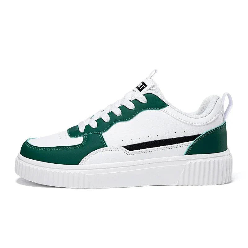 Lightweight breathable green and white unisex skateboarding shoes with lace-up closure and flat EVA sole