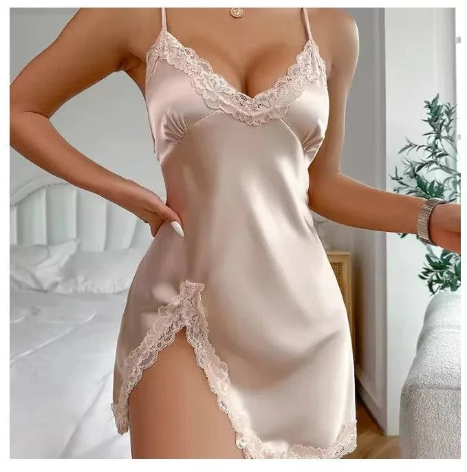 Sexy Backless Mini Female Nightgown Lingerie Summer Chemise Sleepwear Suspender Nightdress White Satin Lace Home Wear Loungewear - SMSB 66