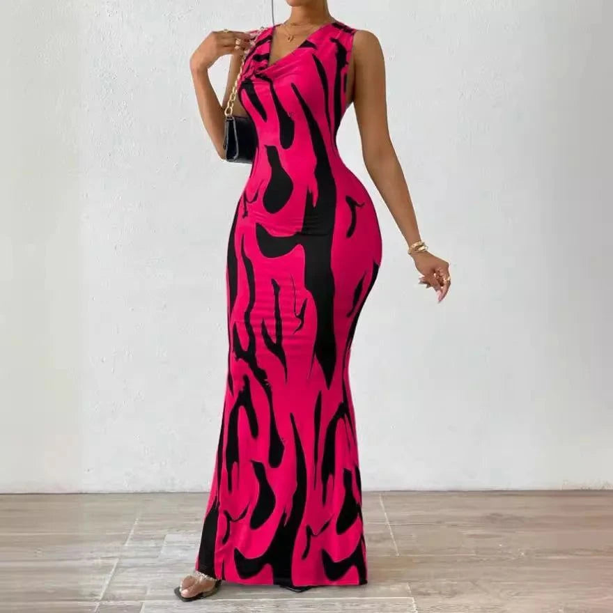 Women Print Dress Sleeveless Splice Slim Fit Long Dresses Midi Waist Wrap Hip Vestidos Elegant Office Lady Summer 2024 - SMSB 66