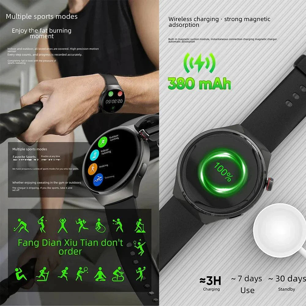 NFC men's smart watch with 1.43-inch AMOLED screen, Bluetooth call, heart rate detection, multiple sports modes, wireless charging, and long battery life.