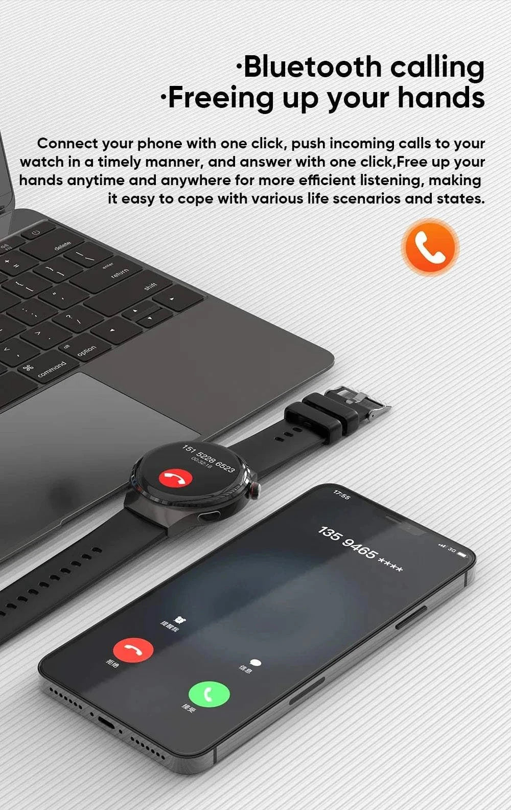 NFC Men's Smart Watch with Bluetooth calling and large AMOLED touchscreen displaying incoming call interface next to a laptop and smartphone