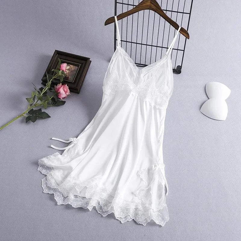 Summer Sexy Strap Nightdress Women Chemise Nightgown Lace Bathrobe Sleepwear Dressing Gown Lingerie Satin Dress Loungewear - SMSB 66