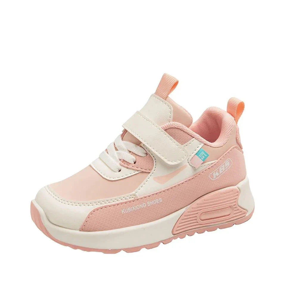 Pink and white PU leather sport shoes for children with hook and loop closure and soft EVA sole