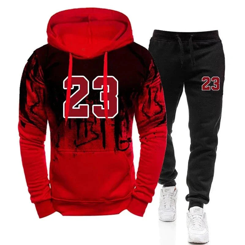 Men's casual hoodies jogging sweatshirts set with red and black polyester fabric, number 23 design for autumn and winter sportswear
