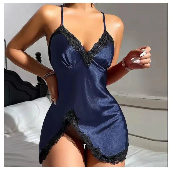 Sexy Backless Mini Female Nightgown Lingerie Summer Chemise Sleepwear Suspender Nightdress White Satin Lace Home Wear Loungewear - SMSB 66