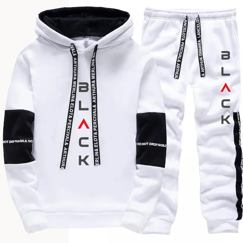 Black Letter Print Hoodie Sweatpants Urban Casual Fashion Men's Tracksuit Autumn Winter Home Outdoor Comfort Warm Sporty Outfits - SMSB 66