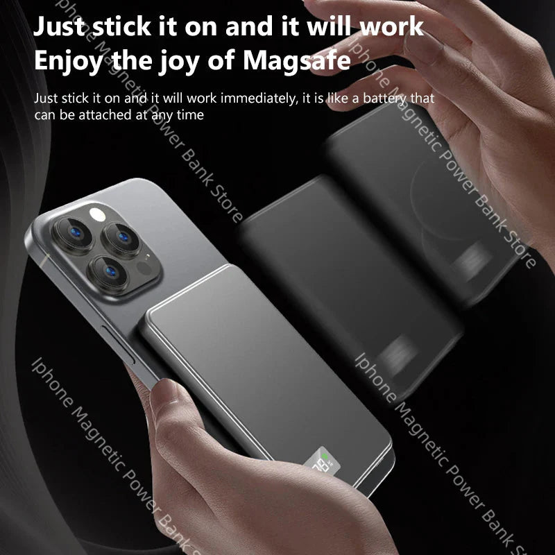 Magnetic power bank wireless portable charger attached to iPhone with digital display and fast charging features