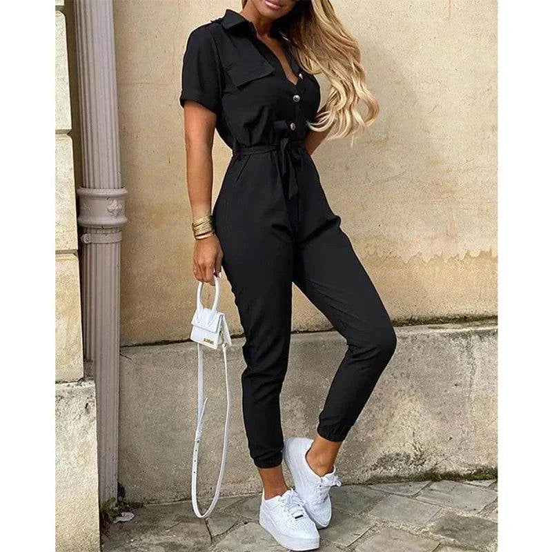 Women's Monochromatic Belt Workwear Jumpsuit, Casual Pants, Flip Collar, Buckle, European and American, Summer, 2024 - SMSB 66