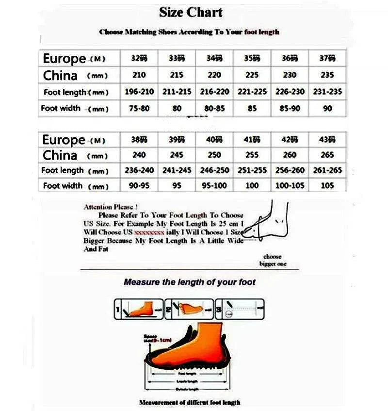 Size chart guide for Spring/Autumn fashion women's breathable casual lace-up sports shoes with thick sole and random letters upper design