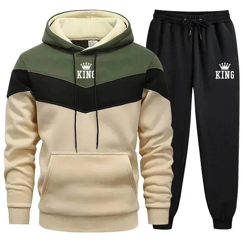 Mens Tracksuit King Printing Sports Suit Sports Hoodie+Pants 2 Piece Suit Casual Sweatshirt Suit Jogging Men's Splicing Clothing - SMSB 66