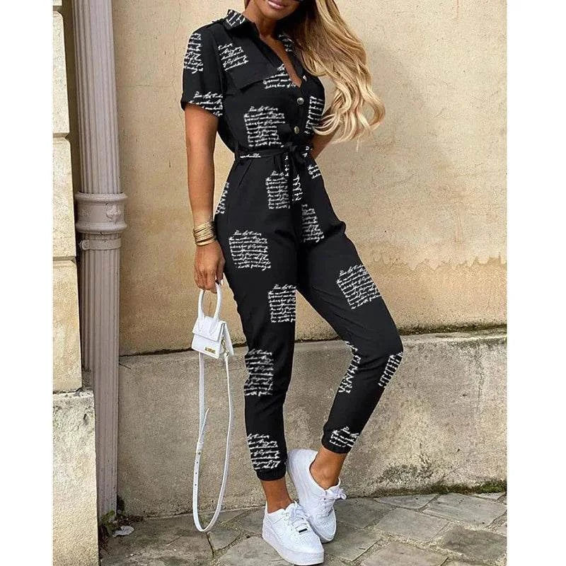 Women's Monochromatic Belt Workwear Jumpsuit, Casual Pants, Flip Collar, Buckle, European and American, Summer, 2024 - SMSB 66