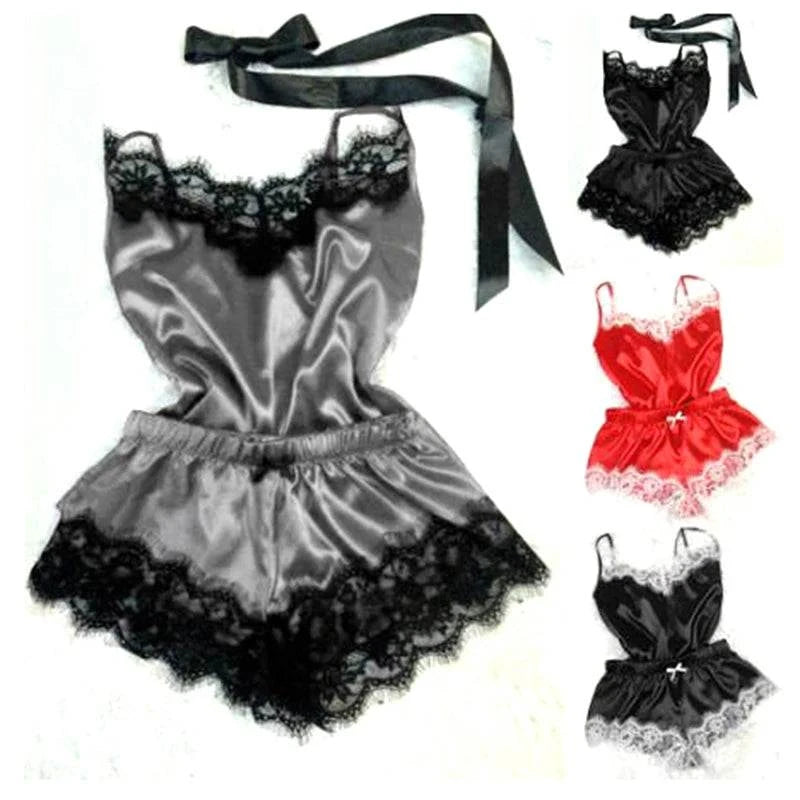 Fashion Nightwear Lace Trim Satin Cami Top Pajama Sets Sexy Hot Erotic Home Wear Women Pajamas Women Sleepwear Sleeveless Strap - SMSB 66