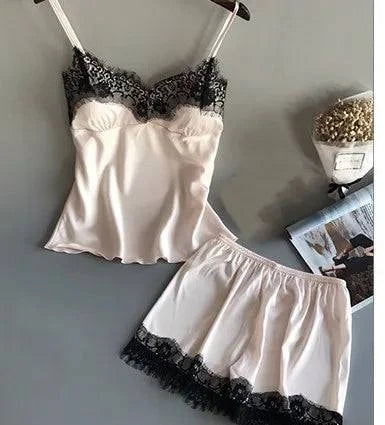 Sexy Lace Pajamas Suit Women V-Neck Sleepwear Lingerie Home Wear Nightwear Summer Casual Suspender Nighties Lounge Sets Clothes - SMSB 66