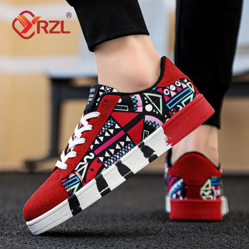 YRZL Men's Sports Running Shoes Canvas Geometric Style Lace-Up Sneakers Couples' Fashionable Graffiti Print Skate Shoes Men - SMSB 66