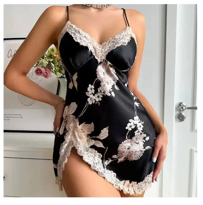 Sexy Backless Mini Female Nightgown Lingerie Summer Chemise Sleepwear Suspender Nightdress White Satin Lace Home Wear Loungewear - SMSB 66