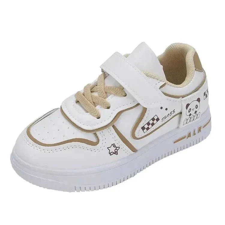 White and beige children's sneakers with velcro strap and panda design, soft EVA sole for outdoor school use
