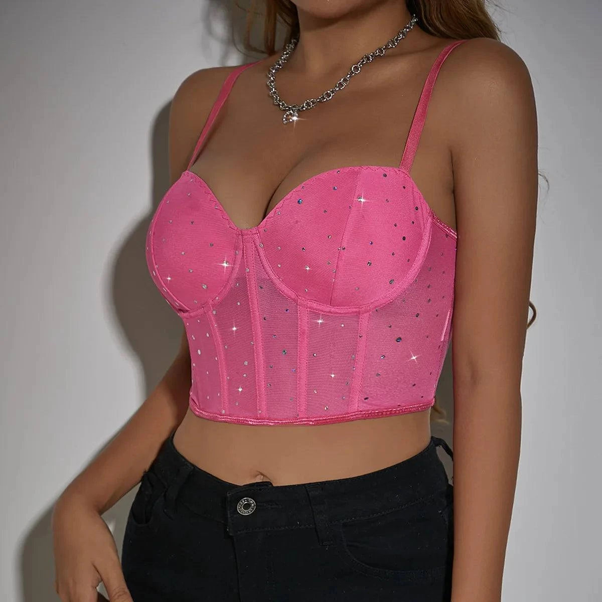 Women Mesh Stitching Cami Crop Top Sequin Decor Slimmer Corset Bustier Summer Streetwear Going Out Y2K Night Clubwear Party Tops - SMSB 66