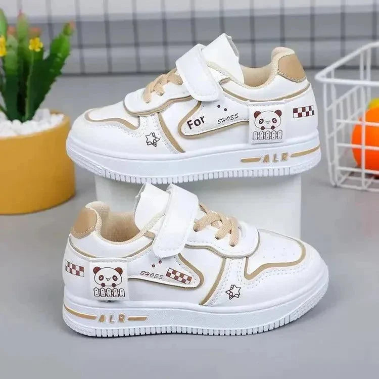 White and beige unisex children's sneakers with panda design, EVA sole, polyester upper, and velcro strap for ages 7-13 years