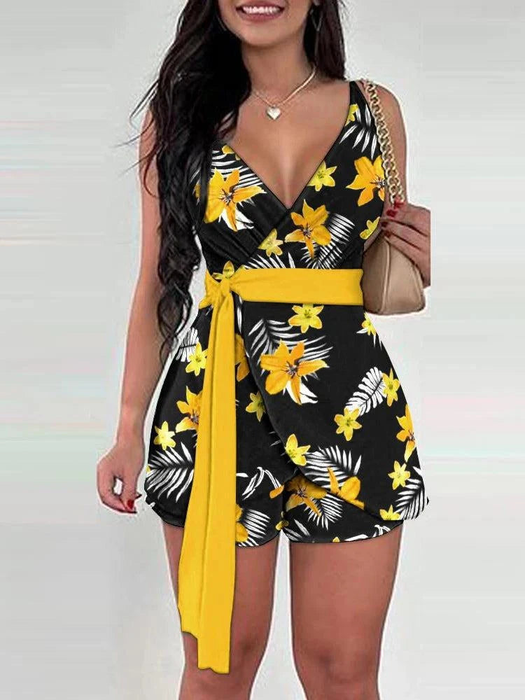 2024 Spring Summer Fashion Floral Slim Casual Two Piece Sets Elegant Women Sexy V-neck Sleeveless Wrap Lace Up Top & Shorts Set - SMSB 66