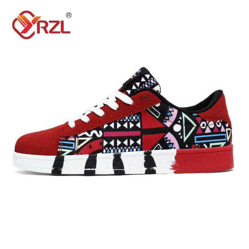 YRZL Men's Sports Running Shoes Canvas Geometric Style Lace-Up Sneakers Couples' Fashionable Graffiti Print Skate Shoes Men - SMSB 66