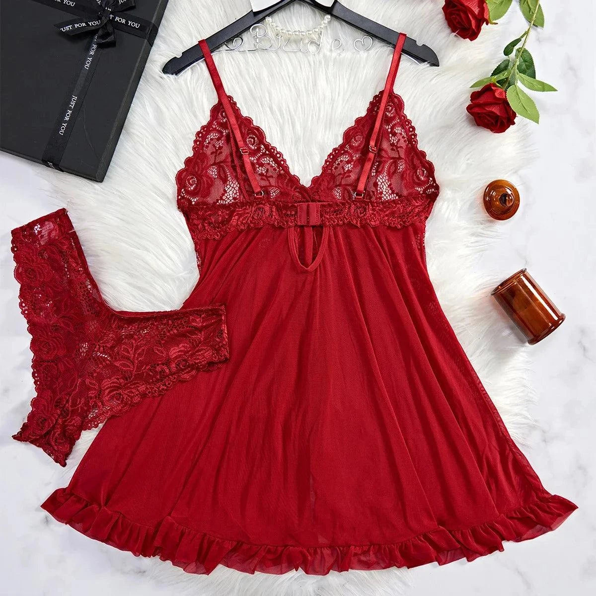 Women Sexy Nightdress Lace Chemise Bow Nightgown Sleepwear Mini Dress Deep V Babydoll Lingerie Sexi Sleepdress Nighty - SMSB 66