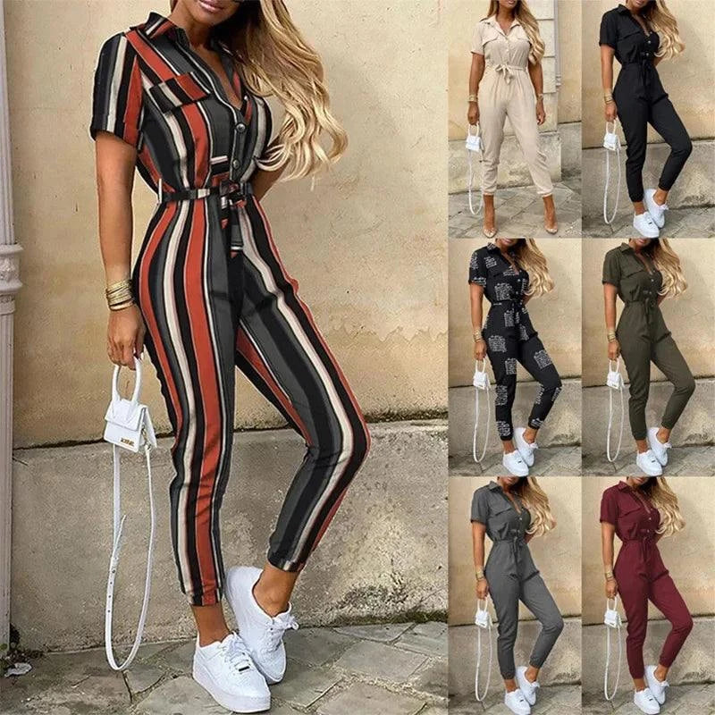 Women's Monochromatic Belt Workwear Jumpsuit, Casual Pants, Flip Collar, Buckle, European and American, Summer, 2024 - SMSB 66