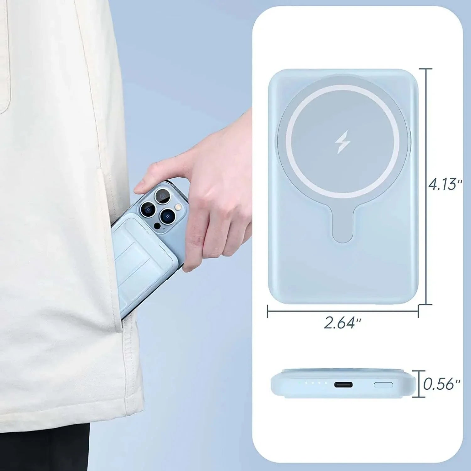 Compact blue Magsafe Power Bank 5000mAh wireless charger for iPhone with 20W fast charging and portable design