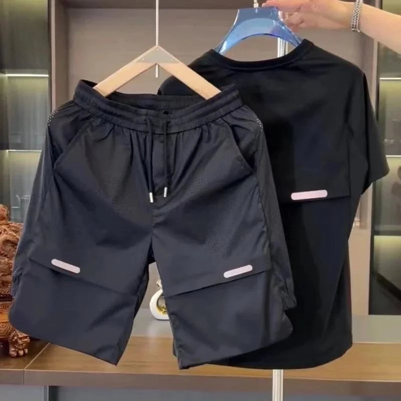 2024 Summer New Men's Breathable Perforated Ice Silk Short Sleeve Shorts Set Loose Quick Drying Sports and Leisure Two Piece Set - SMSB 66