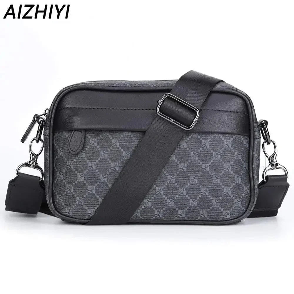 Compact black and grey PU leather business shoulder bag for men with adjustable crossbody strap and zipper closure