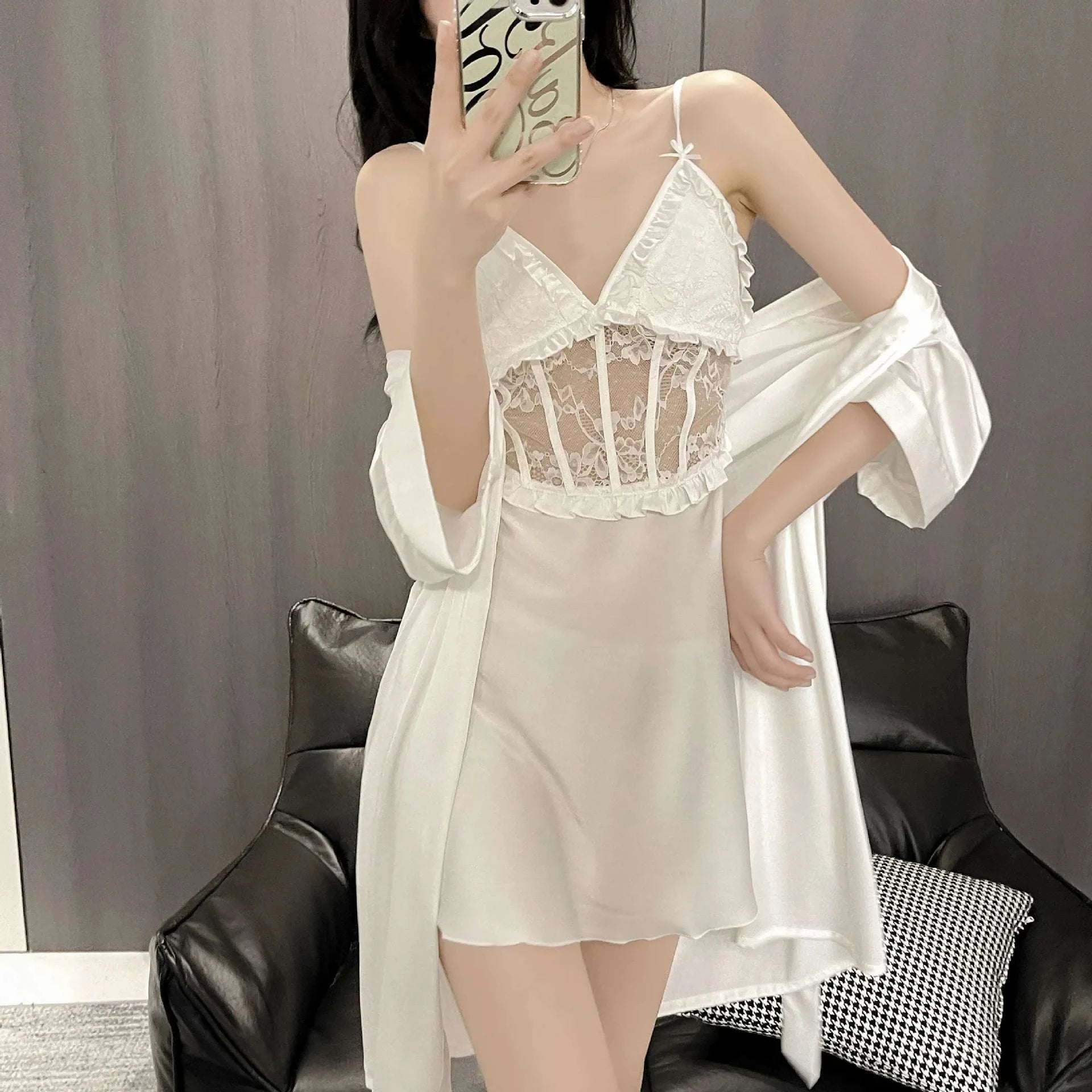 Sexy Sleepwear Women Night Dress Robe Sets Summer Deep V Satin with Chest Pads Lace Dress Home Wear Suits - SMSB 66